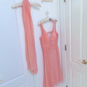 Vintage 100% silk peach chiffon dress. matching chiffon shawl M